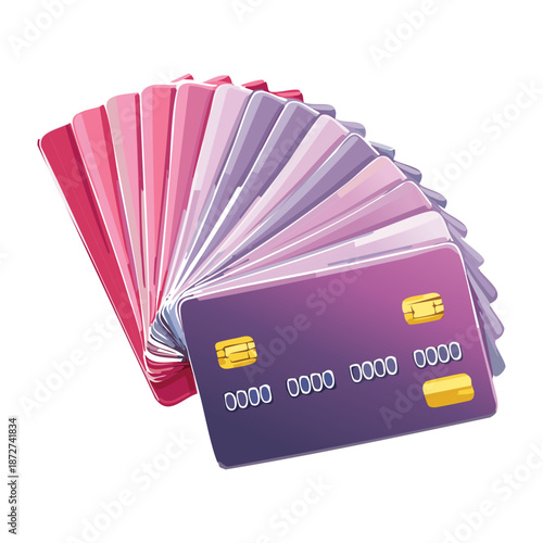 Illustration of a fan of pink and purple credit cards for banking payments and financial shopping