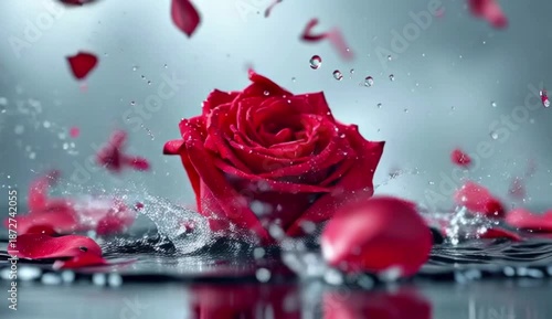vibrant red rose with dewdrops on its petals, splashing into a reflective water surface, created with generative ai