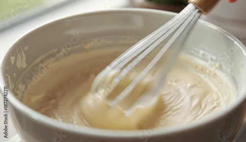 creamy white mixture being stirred, perfect for desserts and toppings, Cream being whipped in a metal mixing bowl, created with generative ai