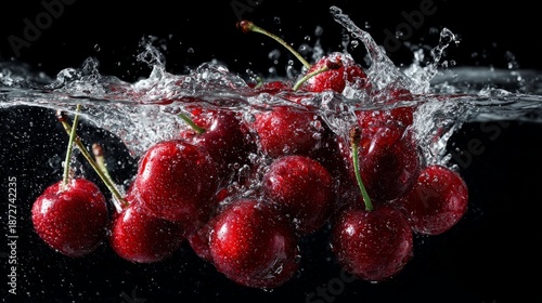 Fresh red cherries and ripe berries splashing into clear water, vibrant fruit in motion with refreshing droplets, high-energy food photography capturing freshness, juiciness, and summer fruit appeal