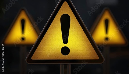 bright yellow triangular warning sign with bold black exclamation mark indicating caution and safety alert isolated on dark background., created with generative ai