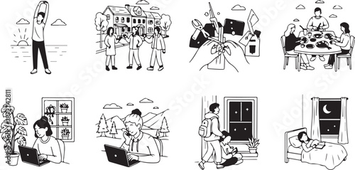 Daily life scenes of people in various activities and settings