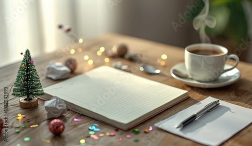  2026 New Year Goals, New Year Routine, empty notepad with Coffee and Festive Decorations on Table, created with generative ai