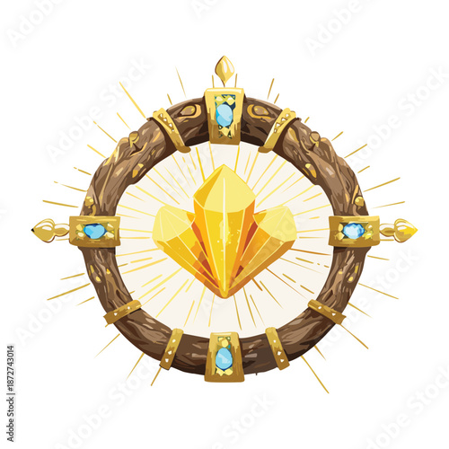 Illustration of a golden ritual wheel with yellow crystal for fantasy sun magic and divine energy