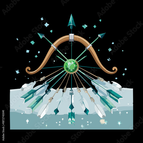 Illustration of a wooden bow with arrows and mystical glowing light for fantasy hunter game character