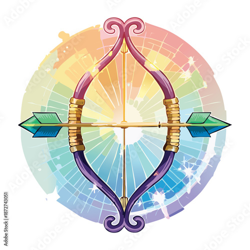 Illustration of a magical bow with glowing arrows and rainbow aura for fantasy elf archer weapon