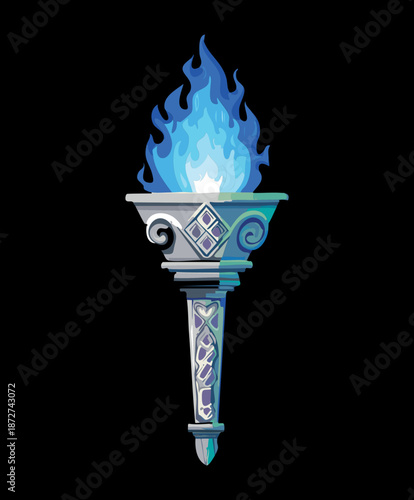 Illustration of a mystical blue flame torch for fantasy magic dungeon and spiritual sorcery game asset