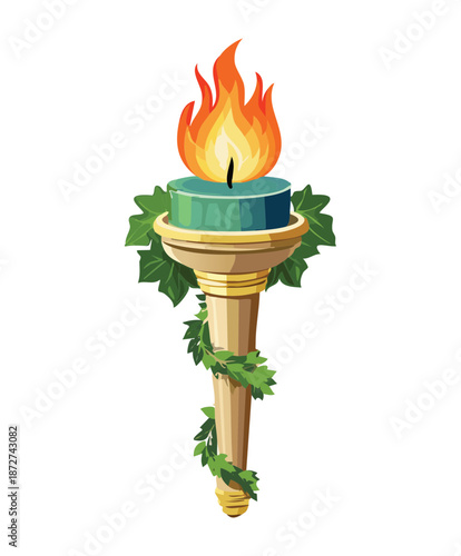 Illustration of a wooden torch with green leaves for fantasy druid ritual and nature adventure quest