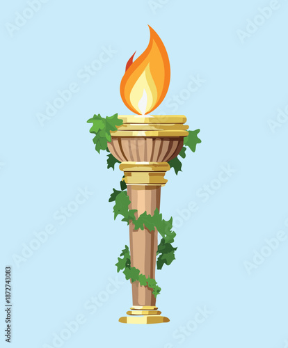 Illustration of a stone torch with green vines for fantasy forest temple and nature magic environment