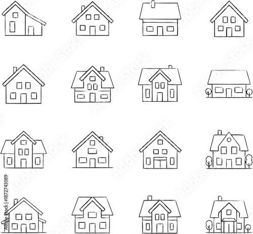 Scandinavian House Icon Set, Nordic Architecture and Residential Wooden Home Illustrations