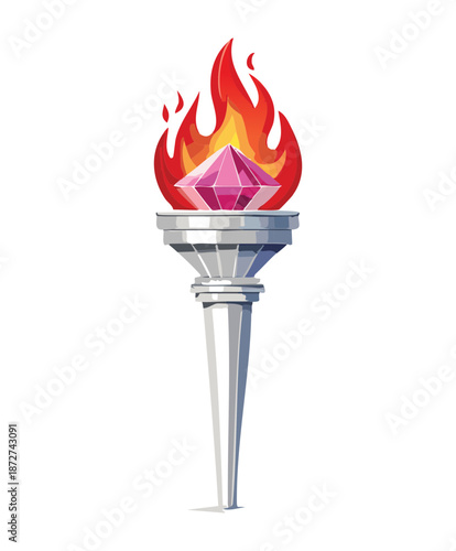 Illustration of a silver torch with pink crystal for fantasy magic ritual and mystical energy source