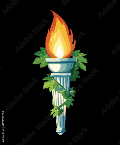 Illustration of a stone pillar torch with green leaves for fantasy jungle temple and nature magic