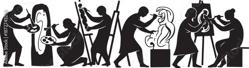 Ancient Greek sculptors at work creating beautiful statues together