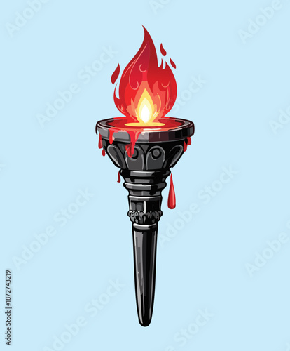 Illustration of a flaming red torch for fantasy dungeon lighting and adventure quest exploration game asset