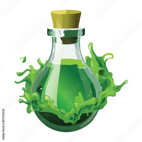 Illustration of a green potion flask with liquid splashes for fantasy game inventory and magical craft item