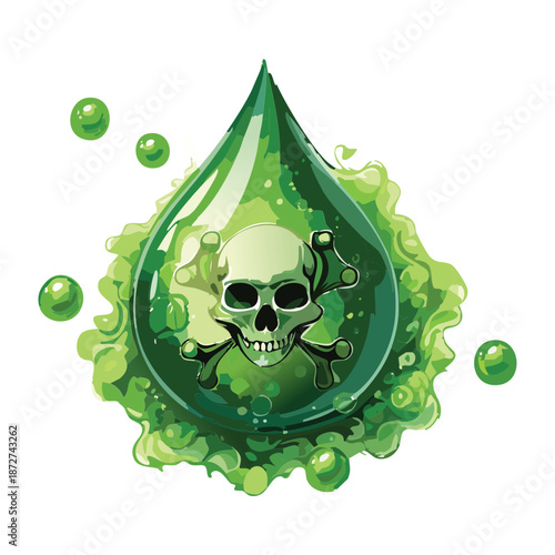 Illustration of a glowing green acid drop with a white skull for toxic environmental hazard and danger