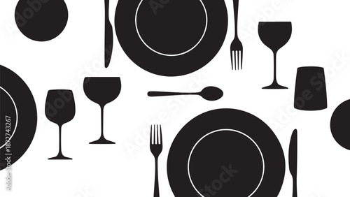 Dining table setting with black utensils and plates illustration