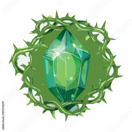 Illustration of a magical green diamond gem protected by thick thorny vines for fantasy game loot chest