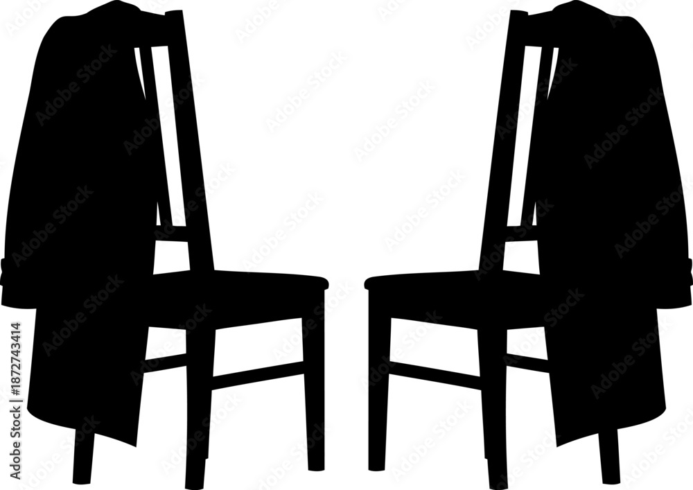 Fototapeta premium Two dark, unoccupied chairs face each other, each with a coat draped, symbolizing recent departure.