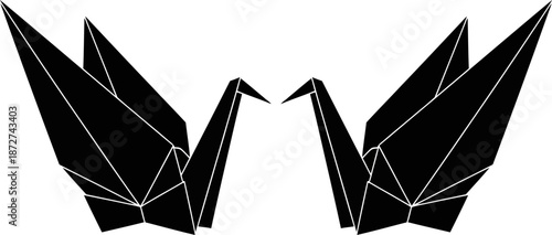 Two elegant black origami paper cranes gracefully face each other on a pristine white background, symbolizing peace.