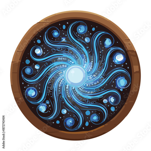 Illustration of a wooden ring portal with a blue space vortex and stars for fantasy cosmic travel