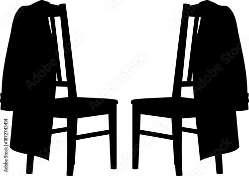 Two dark, unoccupied chairs face each other, each with a coat draped, symbolizing recent departure.