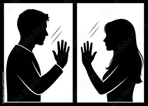 Silhouettes of a man and woman are separated by a window, pressing hands against glass, longing for touch.