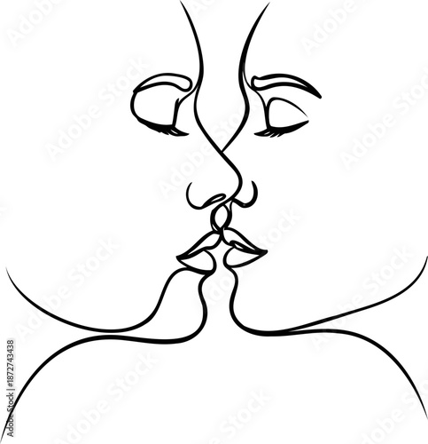 A fluid, continuous one-line drawing captures two faces in profile, passionately kissing, embodying intimacy.