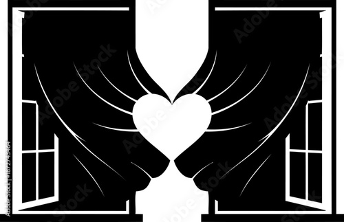 A minimalist illustration depicting two dark curtains gracefully pulled together to form a clear heart in the middle.
