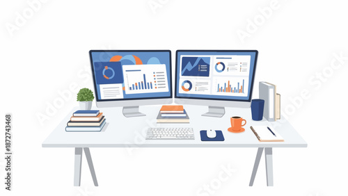 A well-organized workspace with two computer monitors, keyboard, mouse, books, and office supplies on a white desk against a plain background.