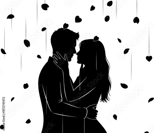 A romantic silhouette of a loving couple embracing gently under a gentle shower of intricately designed falling heart petals.
