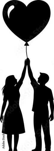 A sweet silhouette of a couple reaching up together to touch the string of a floating heart-shaped balloon.