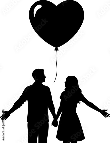 A charming silhouette of a couple holding hands, gazing upwards at a large floating heart-shaped balloon.