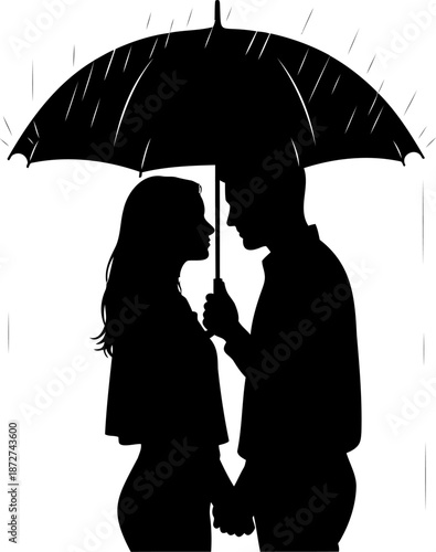 A loving couple stands close under an umbrella during a rain shower, sharing an intimate gaze and protection.
