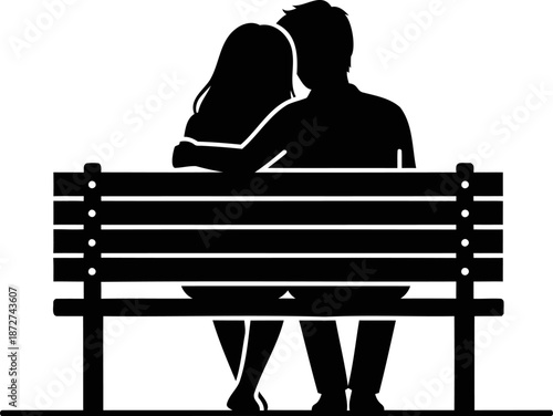 A loving couple in silhouette sits closely on a park bench, embracing in a moment of tender connection.
