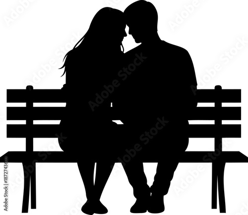 A serene black silhouette of a loving couple sitting closely together on a park bench, enjoying a moment of peace.