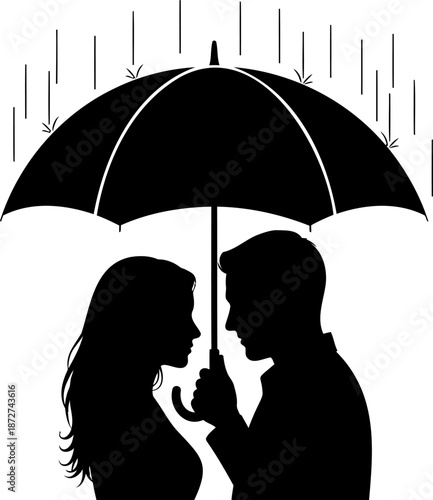 A romantic silhouette of a couple holding an umbrella, gazing into each other's eyes during a gentle rain.