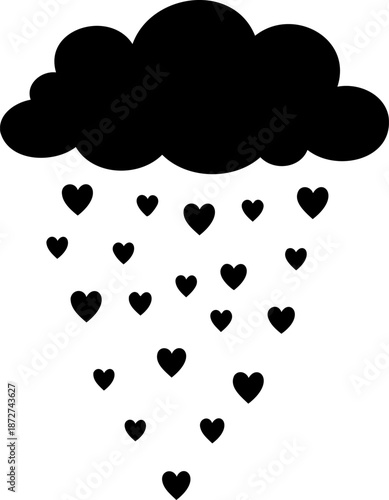 A whimsical black cloud icon is joyfully raining down numerous small heart shapes, symbolizing love and happiness.
