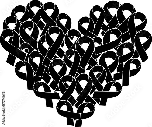 A powerful heart shape is intricately formed by numerous overlapping black ribbons, representing support and remembrance.