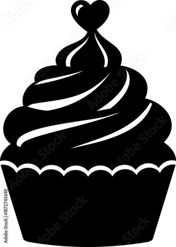 An adorable black silhouette of a cupcake featuring a small heart on its frosting, symbolizing love and celebration.