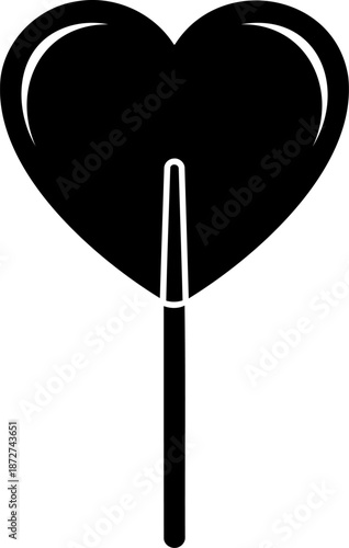 A charming black silhouette of a classic heart-shaped lollipop, representing sweetness, love, and childhood nostalgia.