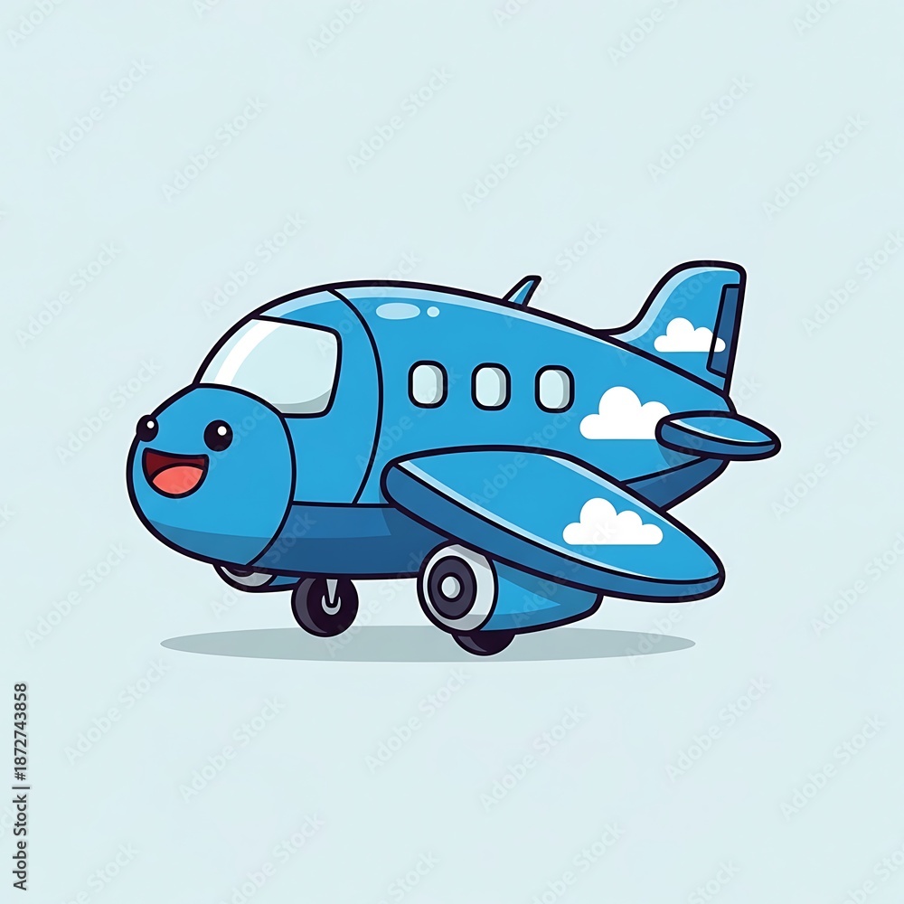 Naklejka premium Smiling Blue Cartoon Airplane Toy Vehicle.