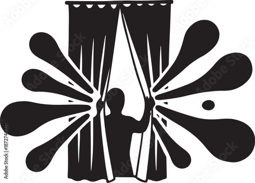 Person opening curtains to reveal colorful abstract light design