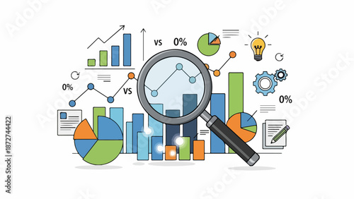 Flat lay illustration of various colorful business graphs and charts with a magnifying glass on top against a clean white background.