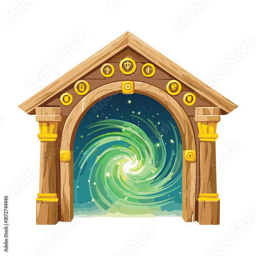 Illustration of a golden arched portal with a green star vortex for fantasy cosmic druid gateway