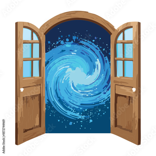 Illustration of a wooden gateway with a blue star vortex for fantasy adventure and cosmic travel