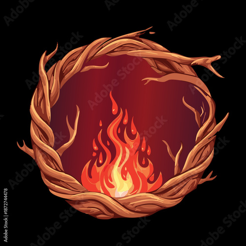 Illustration of a branch wood portal with red fire for fantasy shaman ritual or dark nature gateway