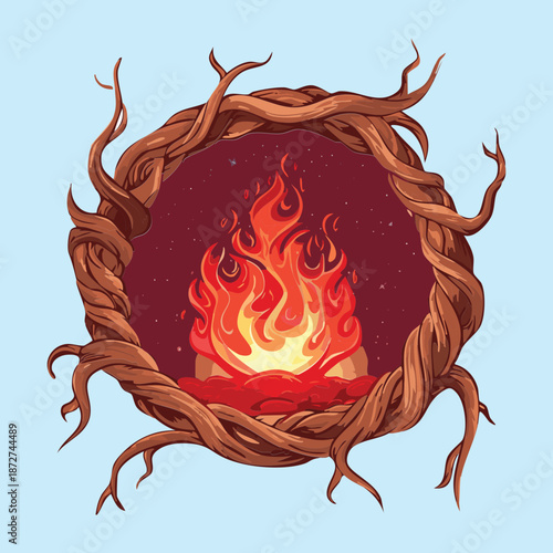 Illustration of a thorny wood ring portal with hellfire for fantasy dark forest or evil gateway