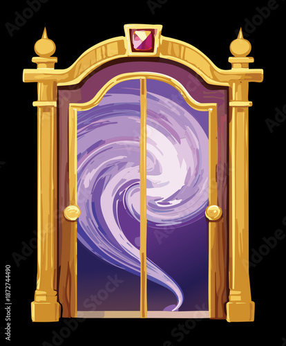 Illustration of a royal golden portal with a purple nebula for fantasy queen palace gateway