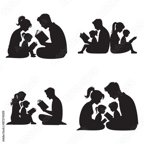 Family Reading Together Silhouette Set Parents and Children Learning from Books Education Concept Vector